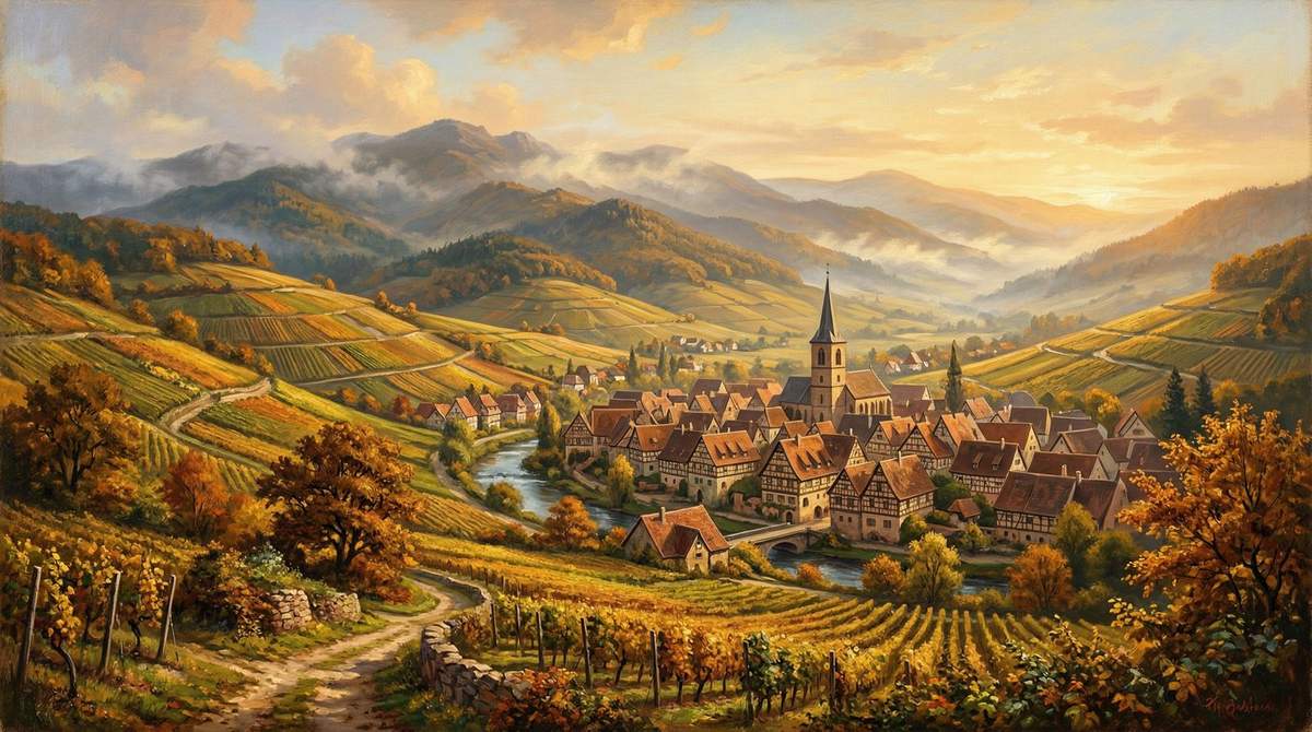 Painterly landscape of an Alsace-Lorraine village with traditional half-timbered houses and rolling hills