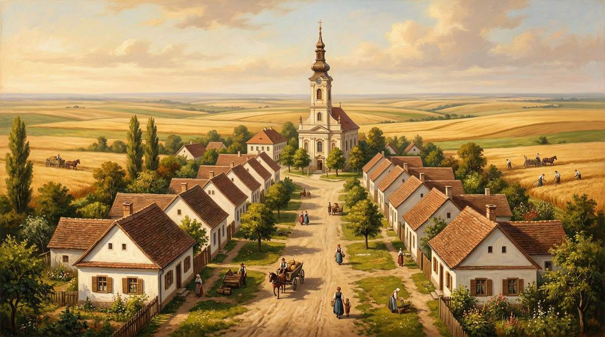 Painting of a Banat German settler village with traditional houses and a church steeple