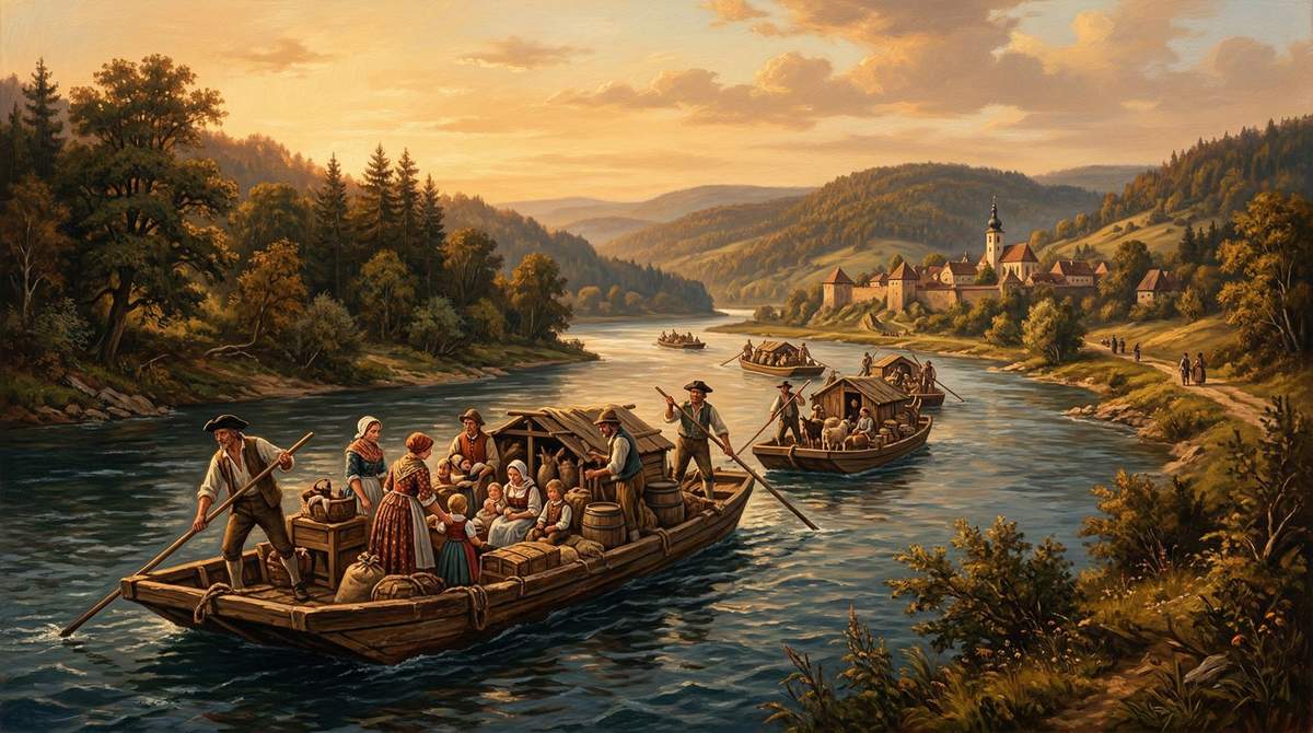 Historical painting of German settlers traveling on Danube barges (Ulmer Schachteln) down the river