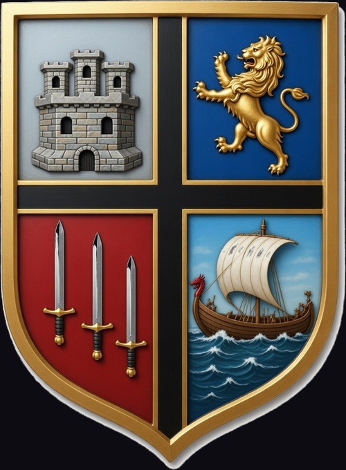 Zenar family crest: an embossed shield divided into four quadrants by a black cross — a stone castle on silver, a gold lion rampant on blue, three swords on red, and a dragon-prowed ship on blue seas